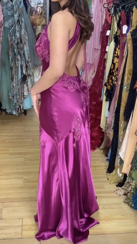 Glamorous Mermaid Deep-V Spaghetti Strap Open-Back Fuchsia Pink Floor-Length Prom Dress.