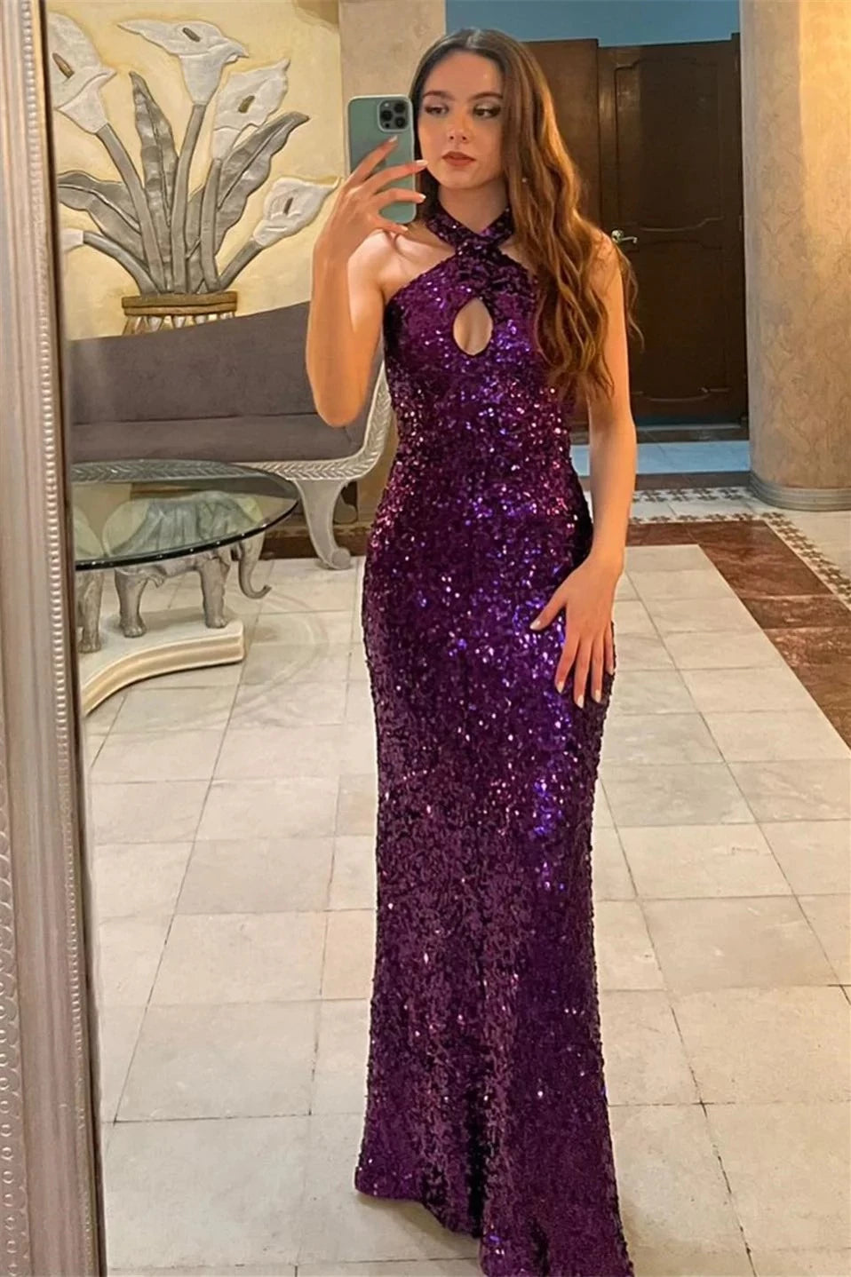 Glamorous Mermaid Halter Keyhole Crisscross-Back Sequin Maxi Evening Dress