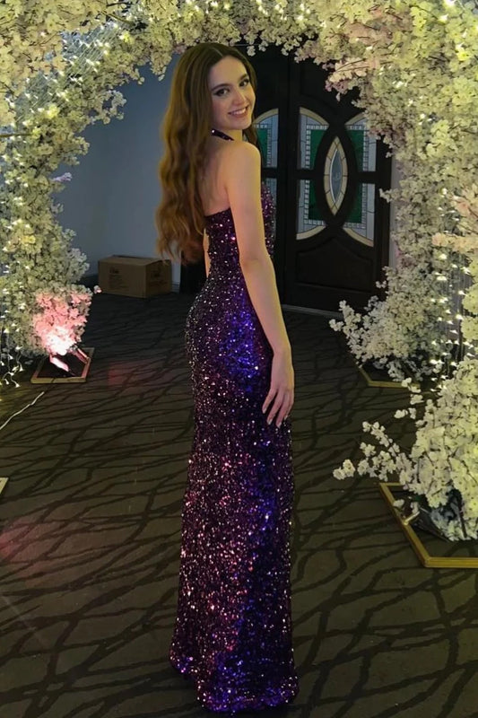 Glamorous Mermaid Halter Keyhole Crisscross-Back Sequin Maxi Evening Dress