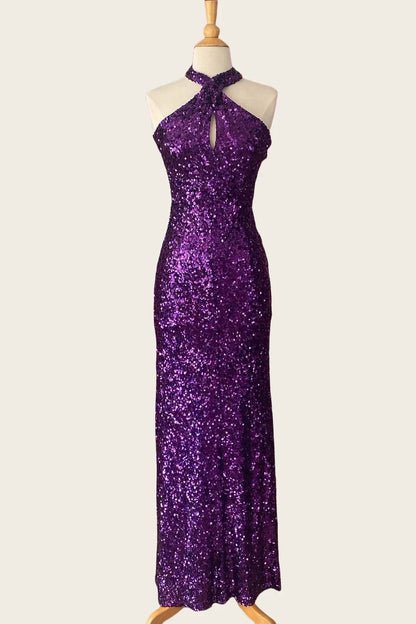 Glamorous Mermaid Halter Keyhole Crisscross-Back Sequin Maxi Evening Dress