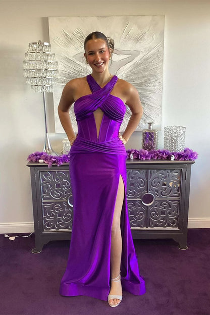 Glamorous Mermaid Halter Sleeveless Crisscross Back Sweep Train Purple Evening Dresses