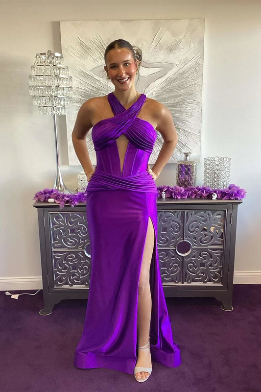 Glamorous Mermaid Halter Sleeveless Crisscross Back Sweep Train Purple Evening Dresses
