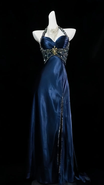 Glamorous Mermaid Halter Sweetheart Lace‑Beaded High‑Slit Floor‑Length Prom Dress