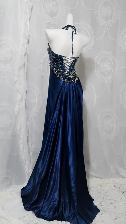 Glamorous Mermaid Halter Sweetheart Lace‑Beaded High‑Slit Floor‑Length Prom Dress