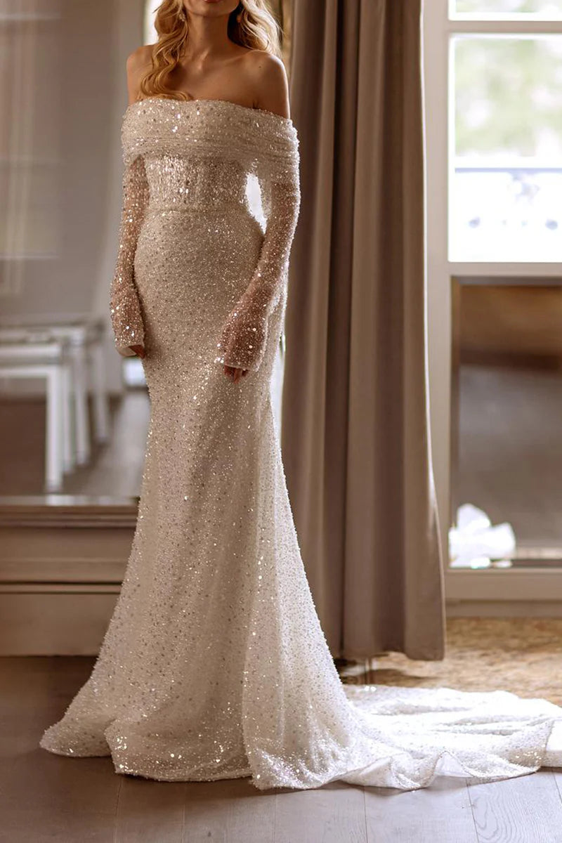 Glamorous Mermaid Off Shoulder Long Sleeve Button Back Train Length Wedding Dress