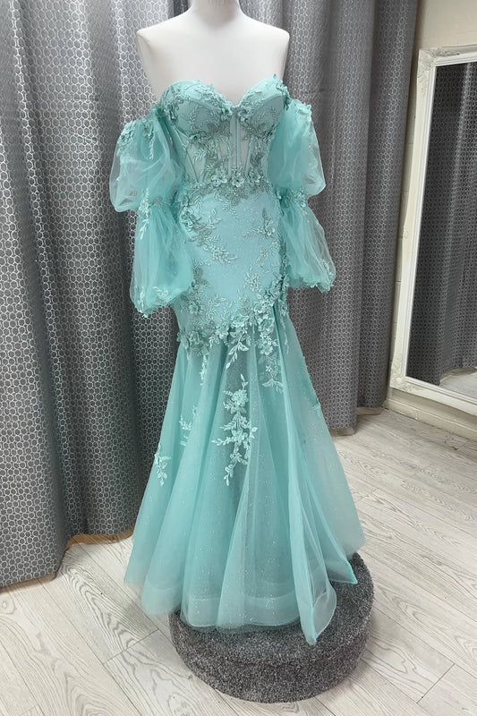 Glamorous Mermaid Off-the-Shoulder Puff Sleeves Lace Up Back Floor-Length Mint Green Tulle Evening Dresses