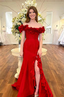 Glamorous Mermaid Off-the-Shoulder Sleeveless Open Back Sweep Train Red Ruffle Evening Dresses