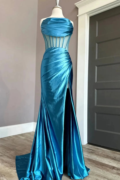 Glamorous Mermaid Off-the-Shoulder Sleeveless Open Back Sweep Train Teal Satin Evening Dresses