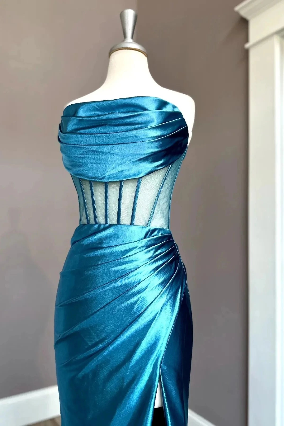 Glamorous Mermaid Off-the-Shoulder Sleeveless Open Back Sweep Train Teal Satin Evening Dresses