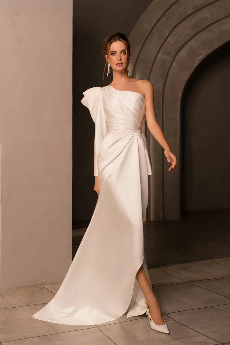 Glamorous Mermaid One-Shoulder Single-Sleeve Open-Back Train-Length Wedding Dress