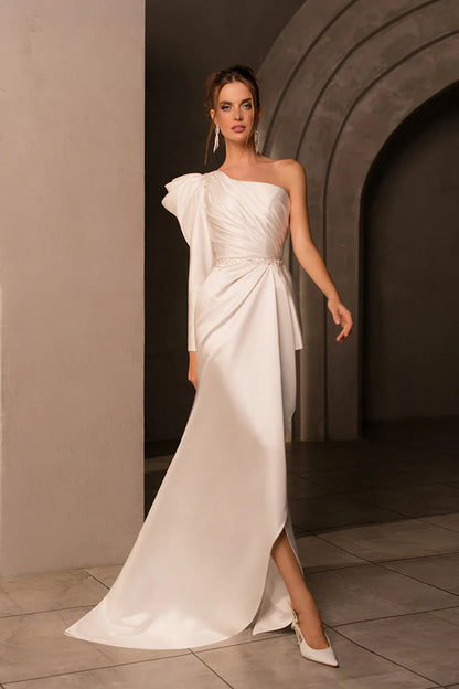 Glamorous Mermaid One-Shoulder Single-Sleeve Open-Back Train-Length Wedding Dress
