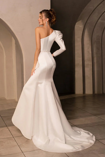 Glamorous Mermaid One-Shoulder Single-Sleeve Open-Back Train-Length Wedding Dress