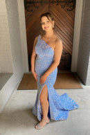 Glamorous Mermaid One-Shoulder Sleeveless Backless Slit Sequin Evening Dresses