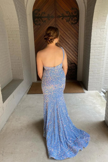 Glamorous Mermaid One-Shoulder Sleeveless Backless Slit Sequin Evening Dresses