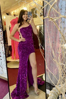 Glamorous Mermaid One-Shoulder Sleeveless Open Back Floor-Length Fuchsia Sequin Evening Dresses