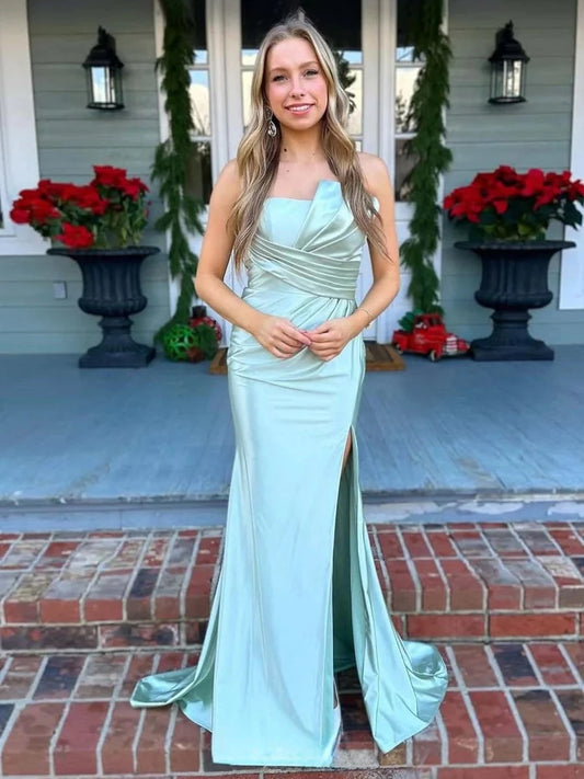 Glamorous Mermaid One-Shoulder Sleeveless Open Back Floor-Length Sage Green Satin Evening Dresses