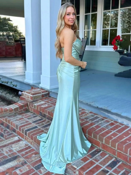 Glamorous Mermaid One-Shoulder Sleeveless Open Back Floor-Length Sage Green Satin Evening Dresses