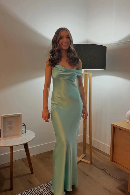 Glamorous Mermaid One-Shoulder Sleeveless Open Back Floor-Length Turquoise Satin Evening Dresses