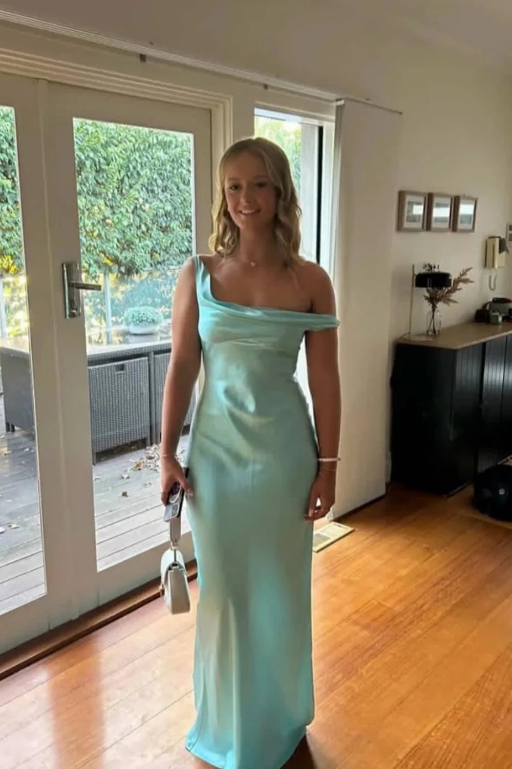 Glamorous Mermaid One-Shoulder Sleeveless Open Back Floor-Length Turquoise Satin Evening Dresses