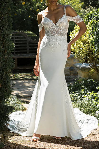 Glamorous Mermaid Plunge-V-Neck Cold-Shoulder Open-Back Train-Length Wedding Dress