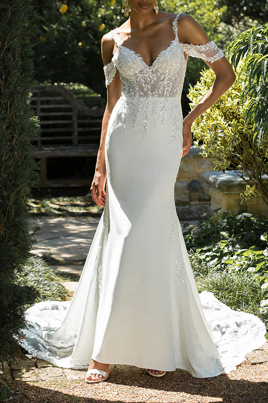 Glamorous Mermaid Plunge-V-Neck Cold-Shoulder Open-Back Train-Length Wedding Dress
