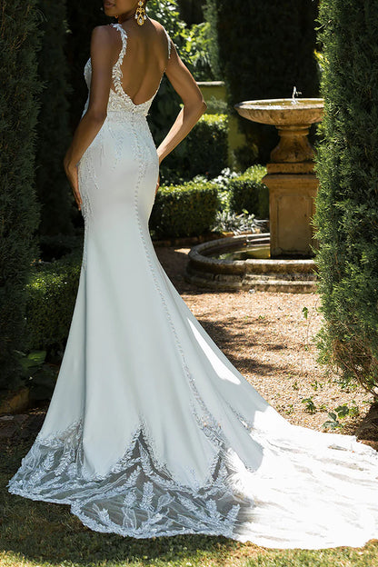Glamorous Mermaid Plunge-V-Neck Cold-Shoulder Open-Back Train-Length Wedding Dress