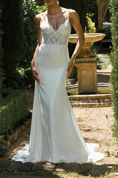 Glamorous Mermaid Plunge-V-Neck Cold-Shoulder Open-Back Train-Length Wedding Dress