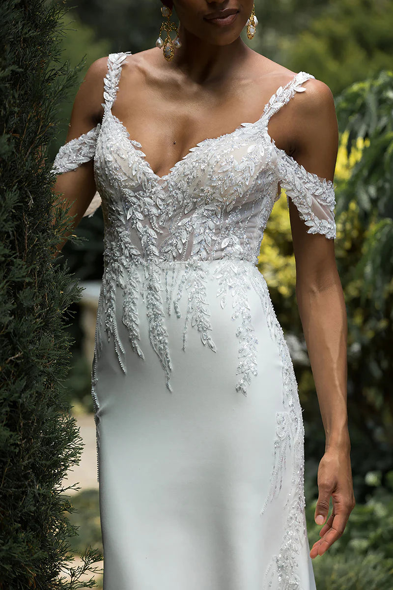 Glamorous Mermaid Plunge-V-Neck Cold-Shoulder Open-Back Train-Length Wedding Dress
