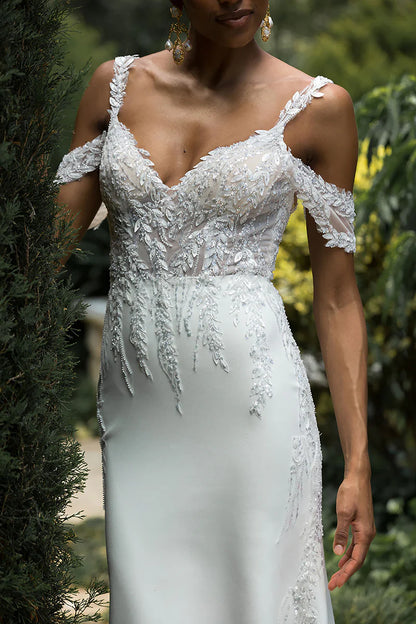 Glamorous Mermaid Plunge-V-Neck Cold-Shoulder Open-Back Train-Length Wedding Dress