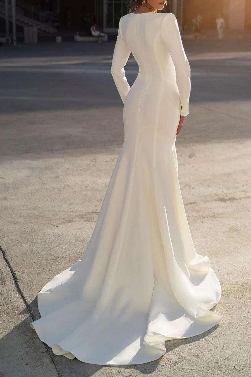 Glamorous Mermaid Plunge Neck Long Sleeve Button Back Train Length Wedding Dress