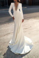 Glamorous Mermaid Plunge Neck Long Sleeve Button Back Train Length Wedding Dress