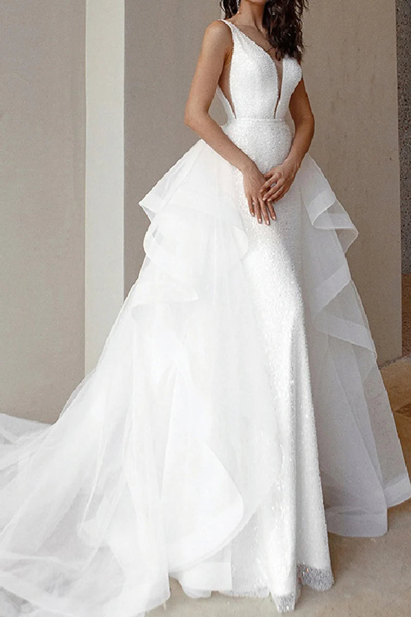 Glamorous Mermaid Plunge-V-Neck Sleeveless Detachable-Train-Length Wedding Dress
