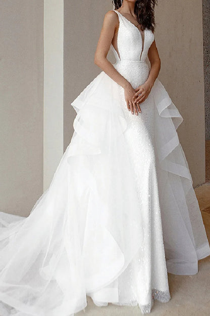 Glamorous Mermaid Plunge-V-Neck Sleeveless Detachable-Train-Length Wedding Dress