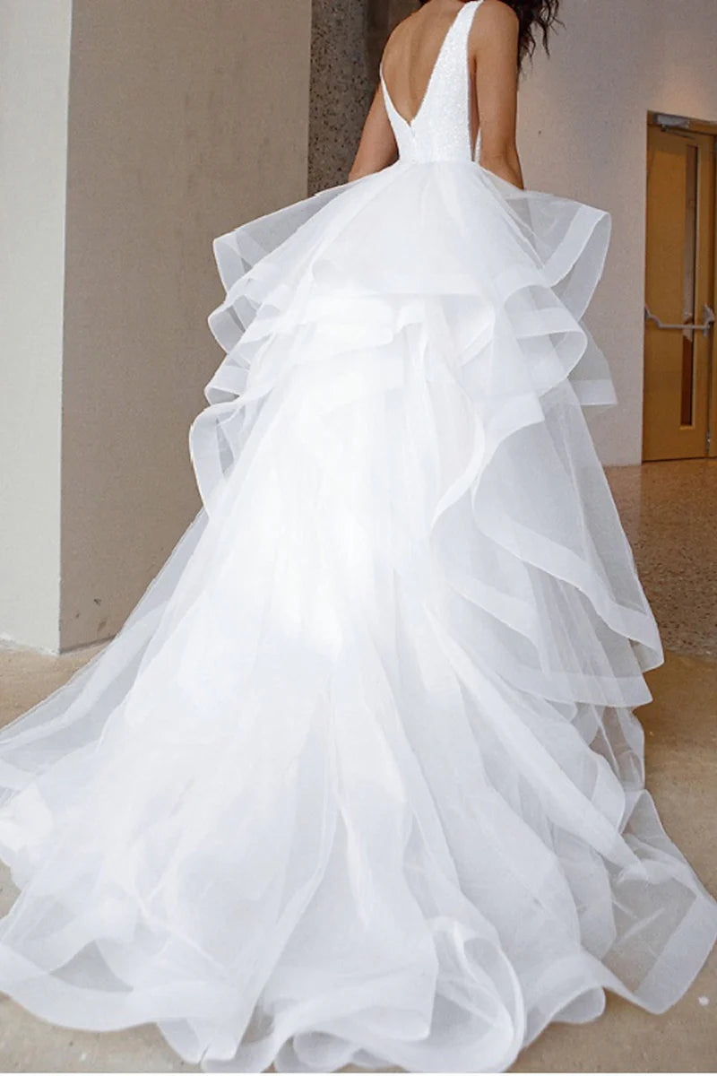 Glamorous Mermaid Plunge-V-Neck Sleeveless Detachable-Train-Length Wedding Dress