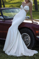 Glamorous Mermaid Plunge-V-Neck Spaghetti-Strap Open-Back Train-Length Wedding Dress