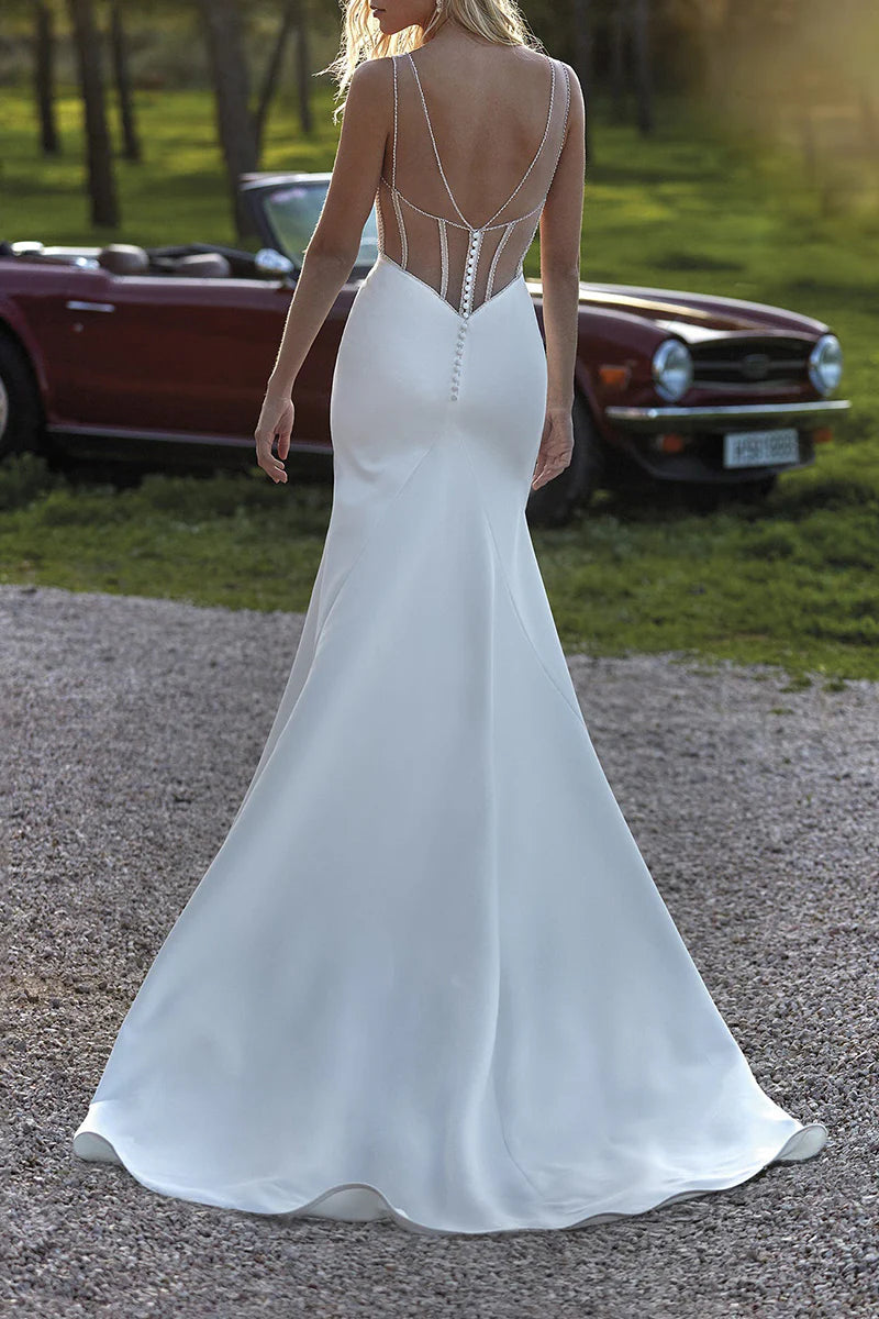 Glamorous Mermaid Plunge-V-Neck Spaghetti-Strap Open-Back Train-Length Wedding Dress
