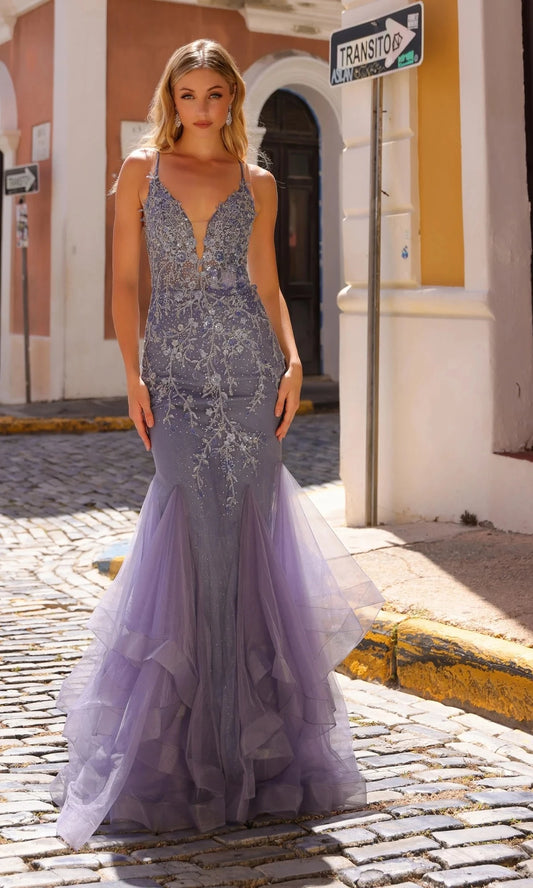 Glamorous Mermaid Plunging-V Spaghetti-Strap Crisscross-Back Floor-Length Prom Dress