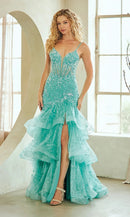 Glamorous Mermaid Plunging-V Spaghetti-Strap Lace-Up-Back High-Slit Floor-Length Prom Dress