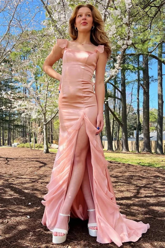 Glamorous Mermaid Square Neck Ruffle Sleeve Lace-up Back High Slit Evening Prom Dress