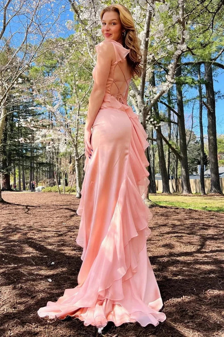 Glamorous Mermaid Square Neck Ruffle Sleeve Lace-up Back High Slit Evening Prom Dress