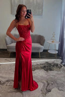 Glamorous Mermaid Square-Neck Spaghetti-Strap Crisscross-Back High-Slit Train Evening Dress
