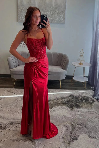 Glamorous Mermaid Square-Neck Spaghetti-Strap Crisscross-Back High-Slit Train Evening Dress