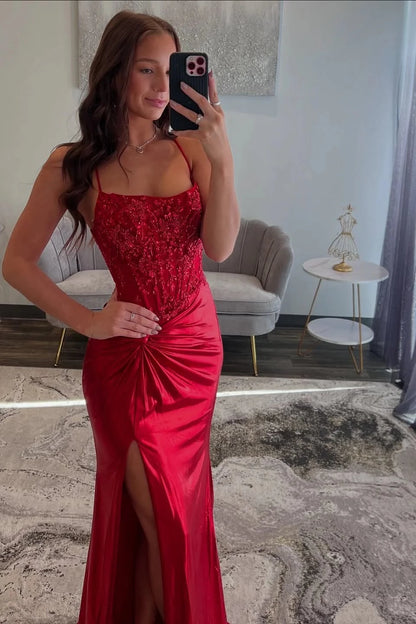 Glamorous Mermaid Square-Neck Spaghetti-Strap Crisscross-Back High-Slit Train Evening Dress