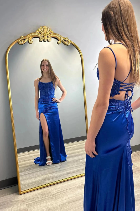 Glamorous Mermaid Square Neck Spaghetti Straps Lace Up Back Sweep Train Royal Blue Beaded Satin Evening Dresses