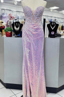 Glamorous Mermaid Strapless Sleeveless Mesh Insert Floor-Length Iridescent Lilac Sequin Appliqué Evening Dresses