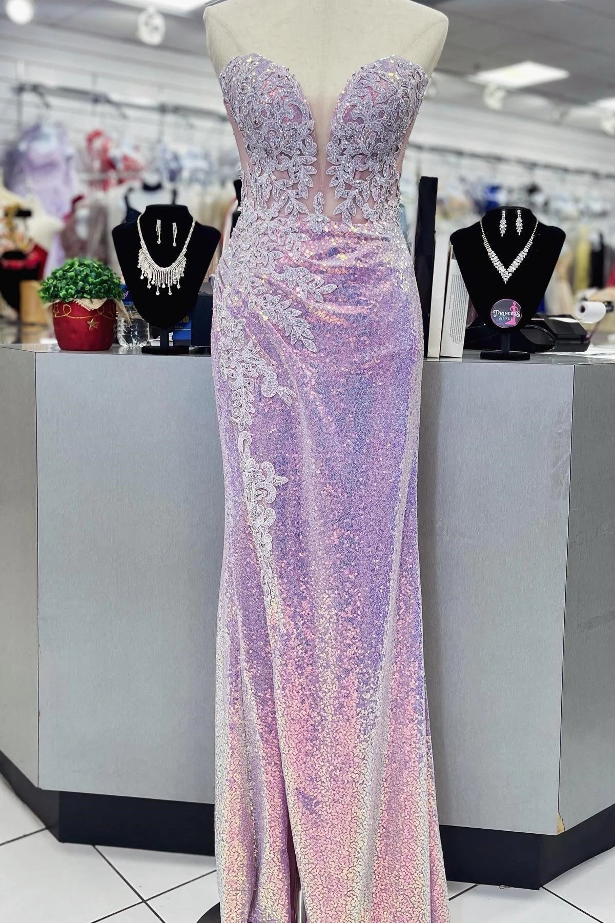 Glamorous Mermaid Strapless Sleeveless Mesh Insert Floor-Length Iridescent Lilac Sequin Appliqué Evening Dresses