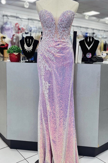 Glamorous Mermaid Strapless Sleeveless Mesh Insert Floor-Length Iridescent Lilac Sequin Appliqué Evening Dresses
