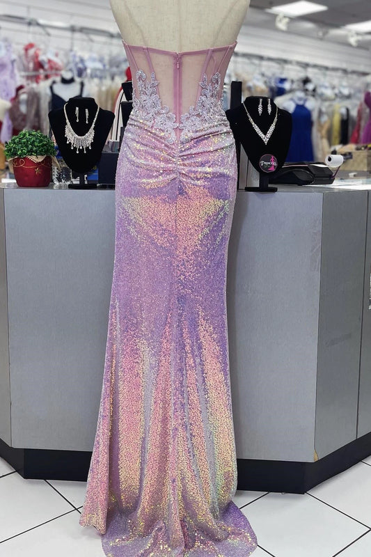 Glamorous Mermaid Strapless Sleeveless Mesh Insert Floor-Length Iridescent Lilac Sequin Appliqué Evening Dresses
