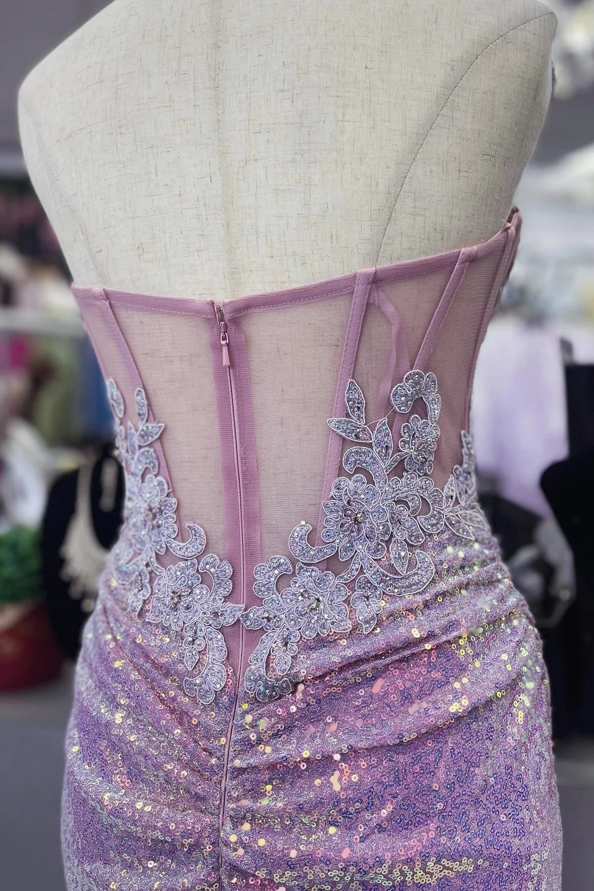 Glamorous Mermaid Strapless Sleeveless Mesh Insert Floor-Length Iridescent Lilac Sequin Appliqué Evening Dresses