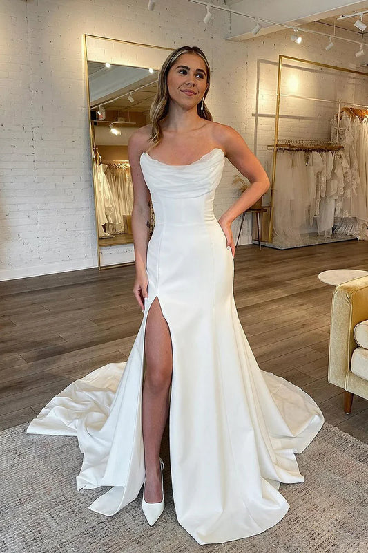 Glamorous Mermaid Strapless Sleeveless Open-Back High-Slit Chapel Train Wedding Dress
